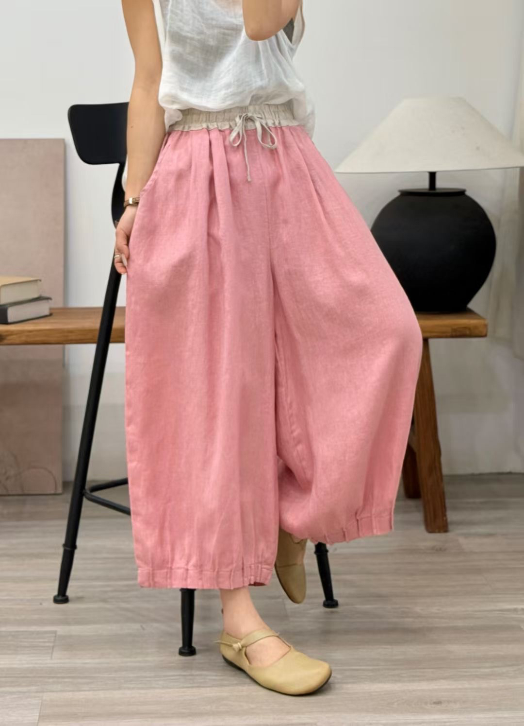 100%的亚麻慵懒宽松显瘦麻料花苞裤松紧腰夏季长裤