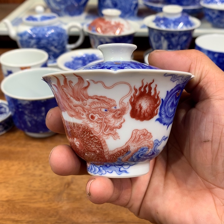 自成堂柴窑青花龙凤盖碗