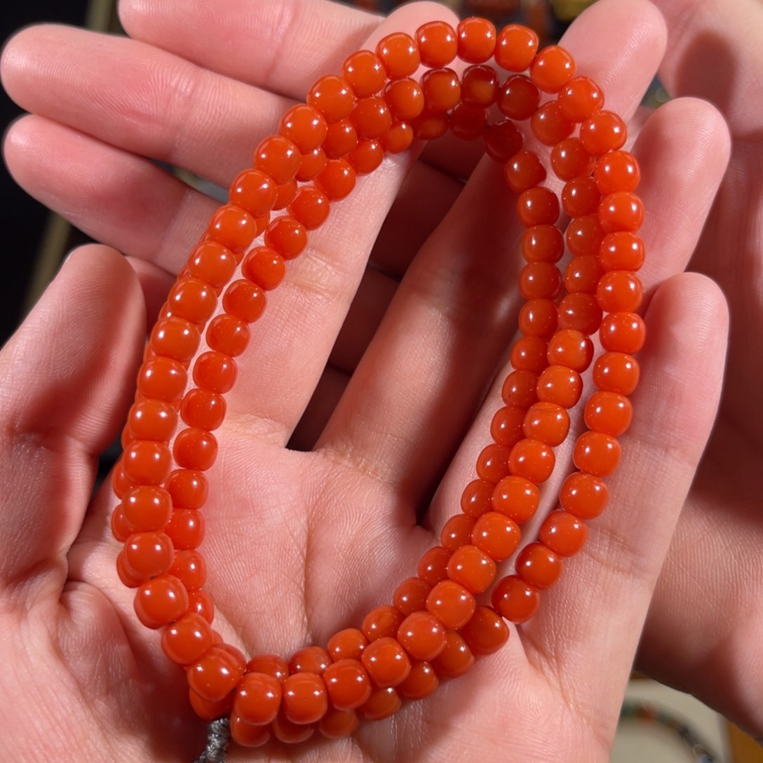 南红玛瑙冷水河满色满肉老形念珠串5.6左右未镶嵌