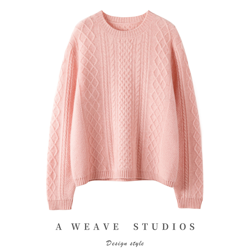 秋冬新款女士100%纯山羊绒双股扭花圆领羊绒衫慵懒风针织长袖宽松