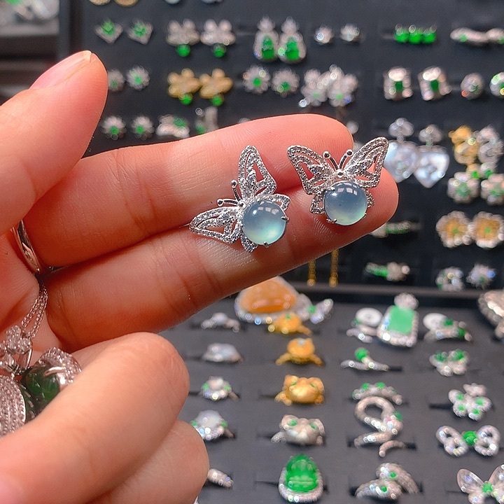 翡翠戒指银S925镶嵌耳钉