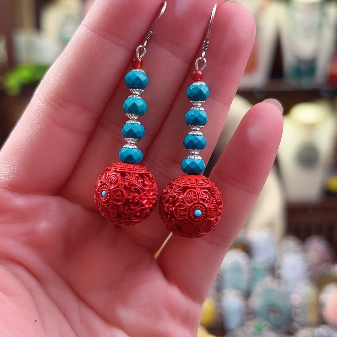 天然辰砂原创耳环