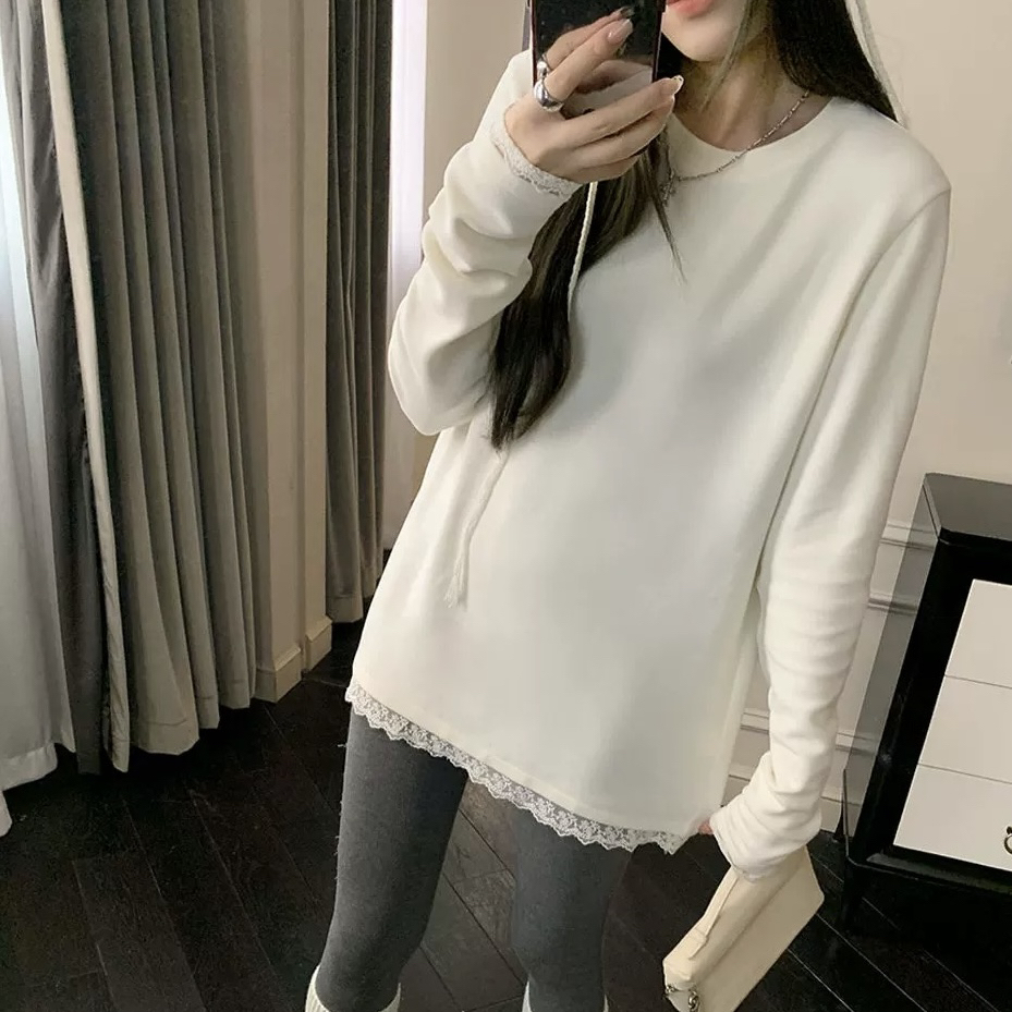 百搭拼接蕾丝边长袖磨毛T恤女2025秋冬新款洋气圆领打底衫潮