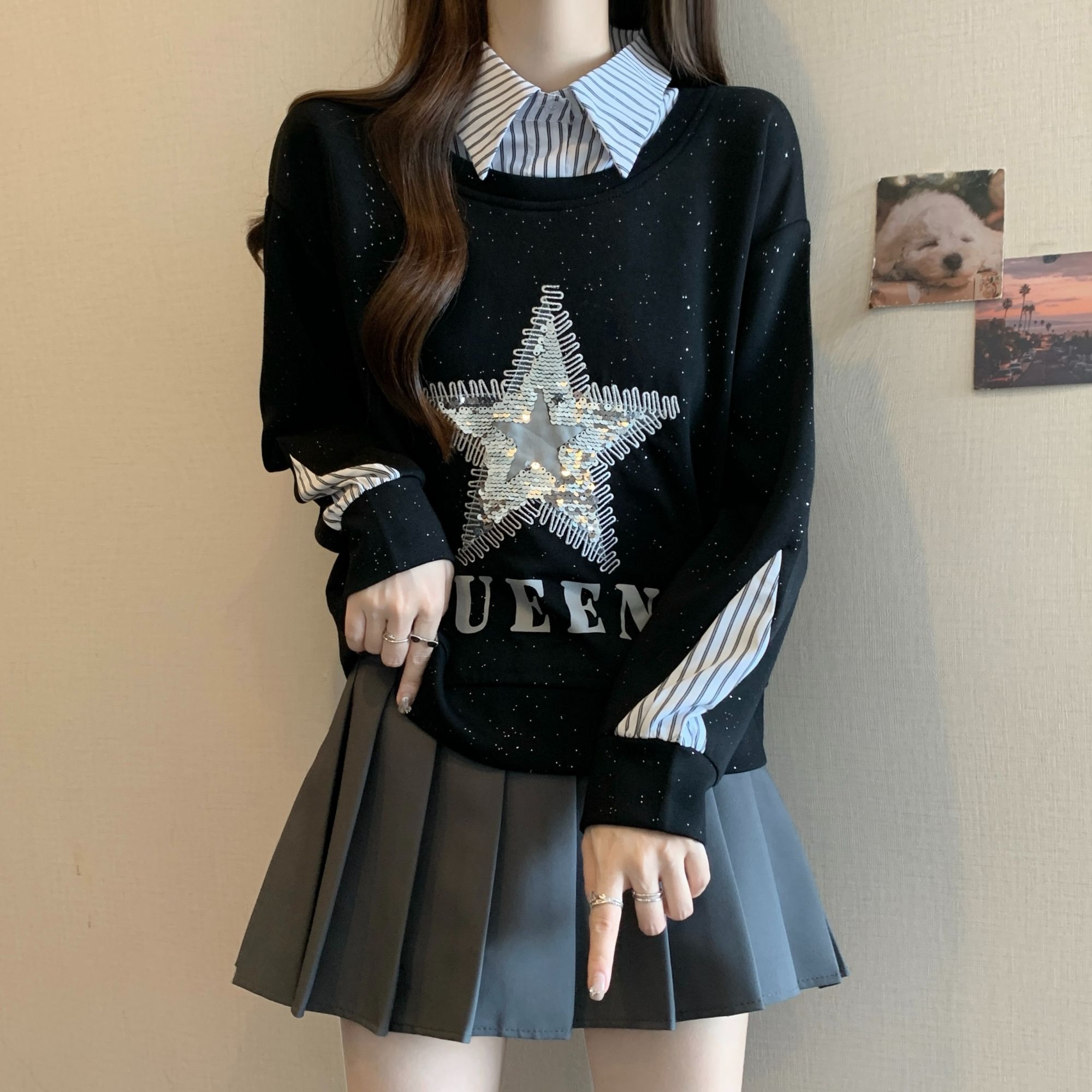 大码假两件POLO领条纹拼接卫衣女春秋微胖MM宽松显瘦洋气亮片上衣