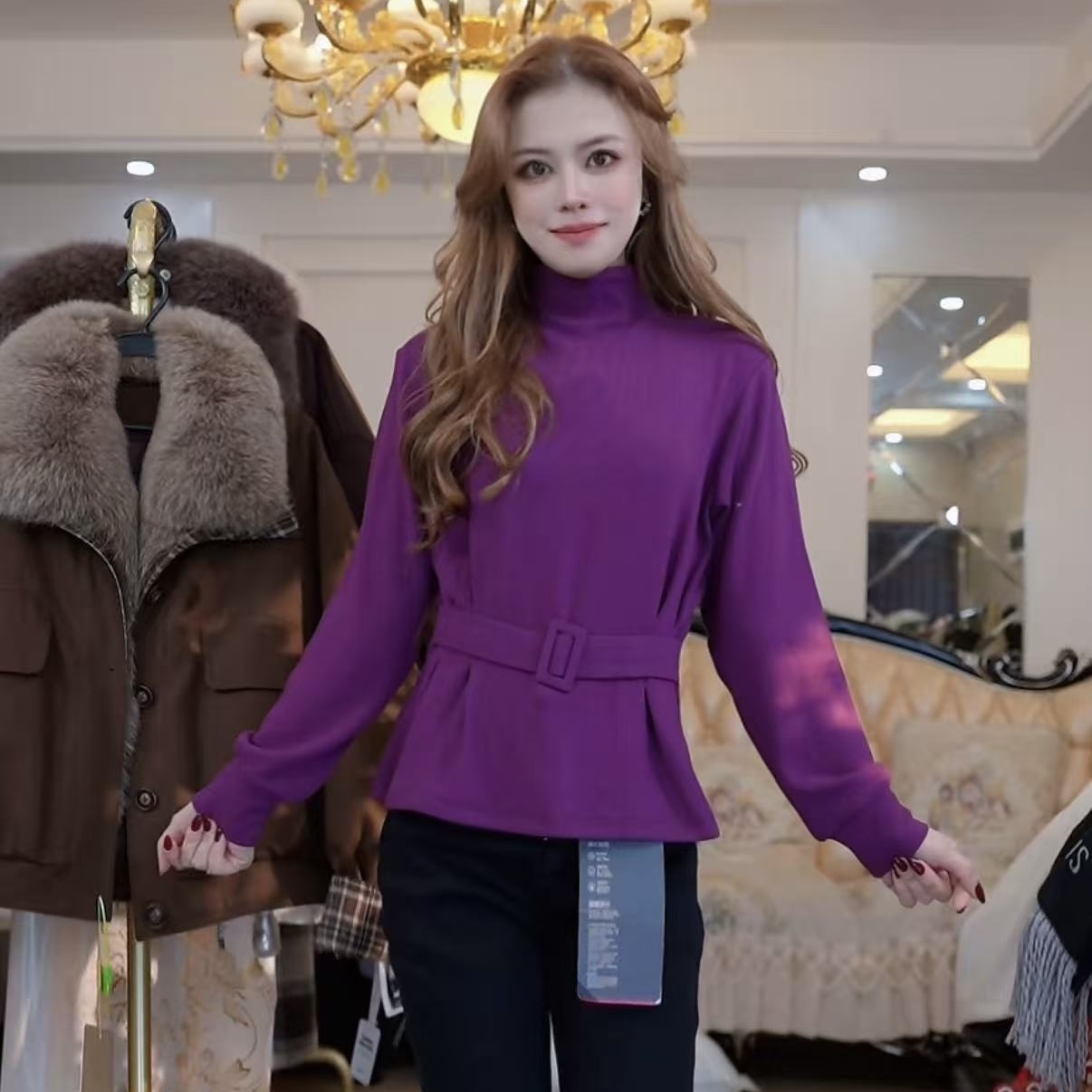 时尚长袖套头显瘦秋冬效新款腰带洋气上衣2