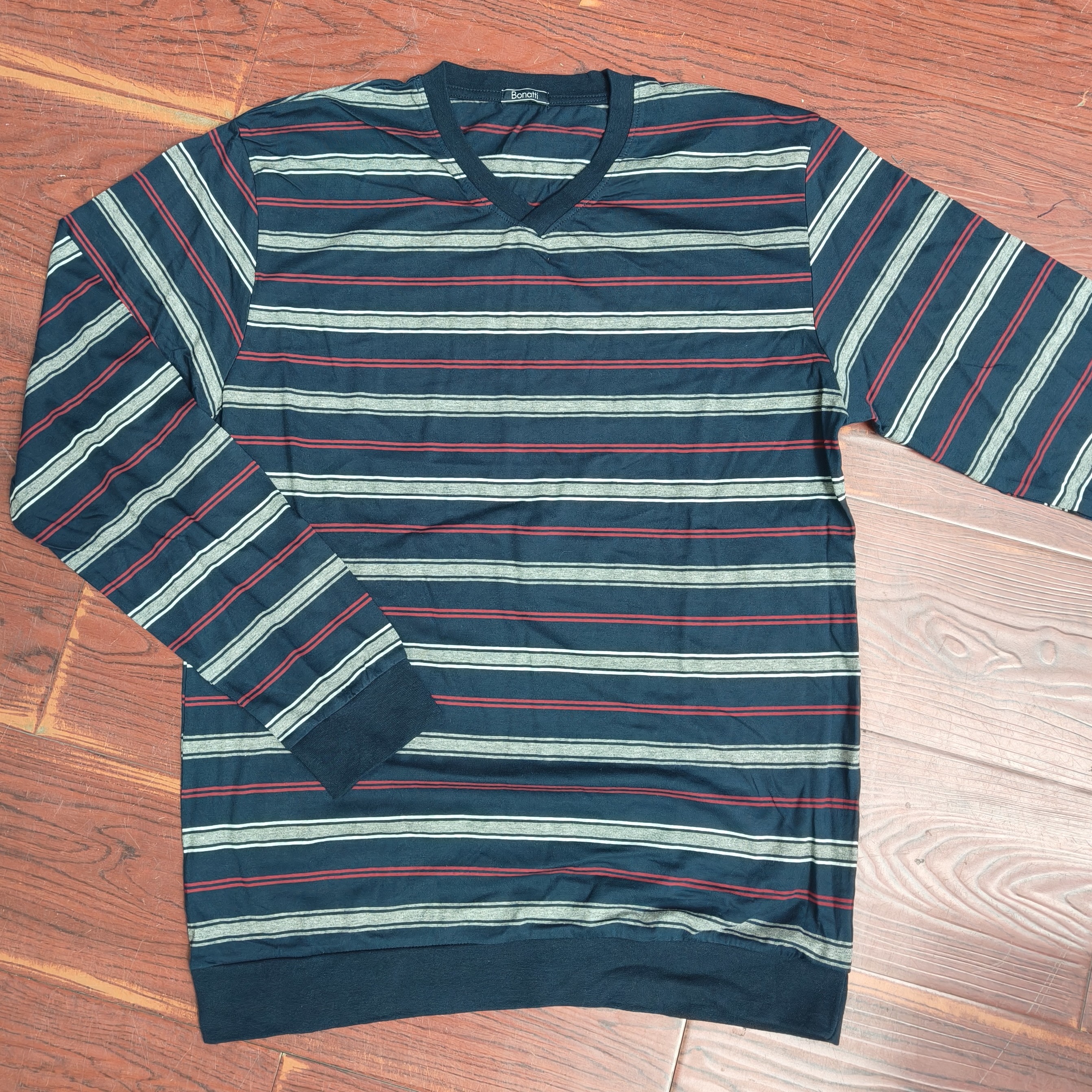 男款条纹撞色长款通用小v领条纹薄款打底卫衣秋衣