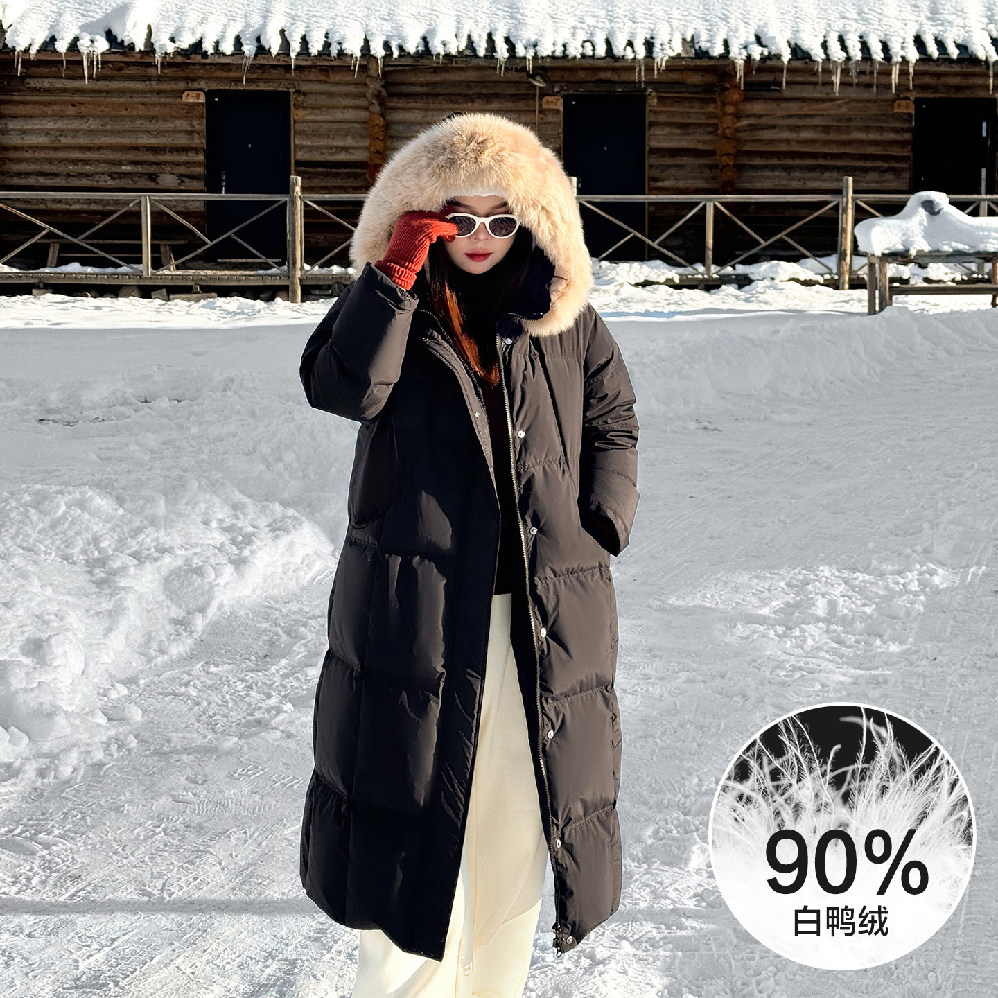 DD8902大码女装【喀纳斯的冬日】连帽毛领羽绒服冬季白鸭绒长款外套