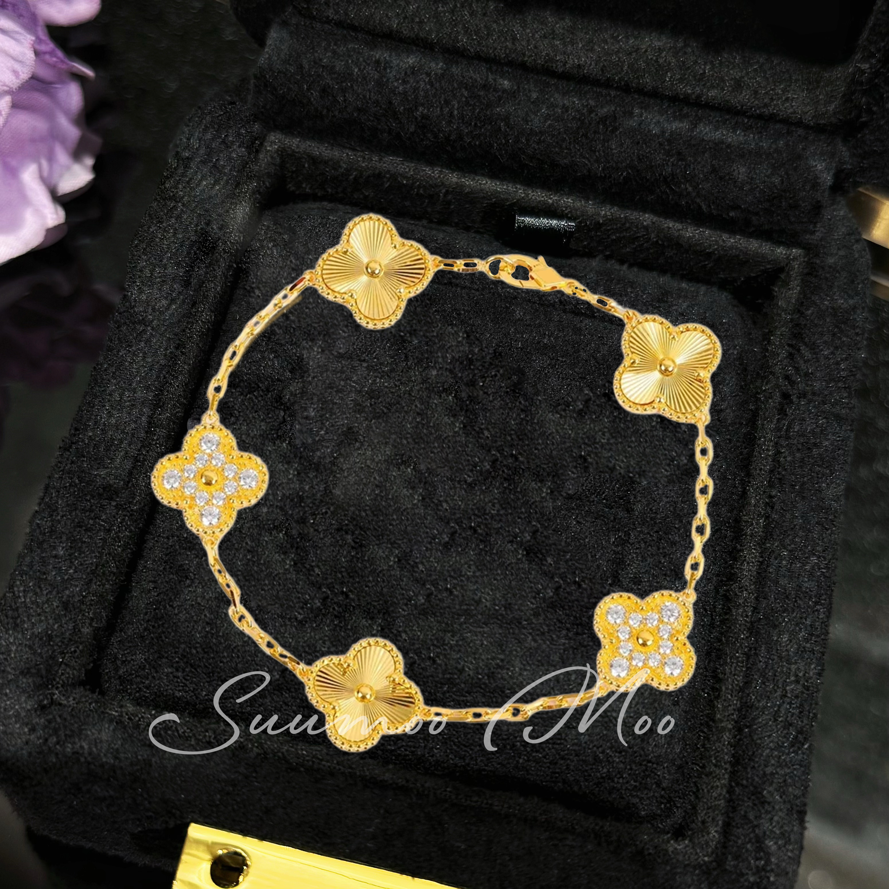 925银合成锆石手链 法式时尚金色满钻间车花手链 925通体银