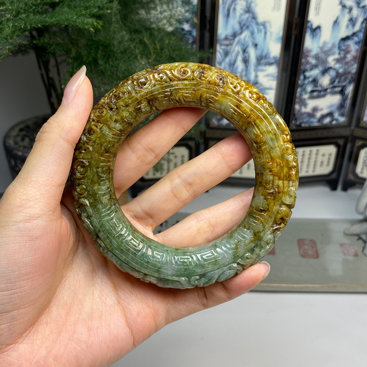 59.2老料黄翡复古龙凤呈祥胖圆条手镯 天然翡翠A货手镯