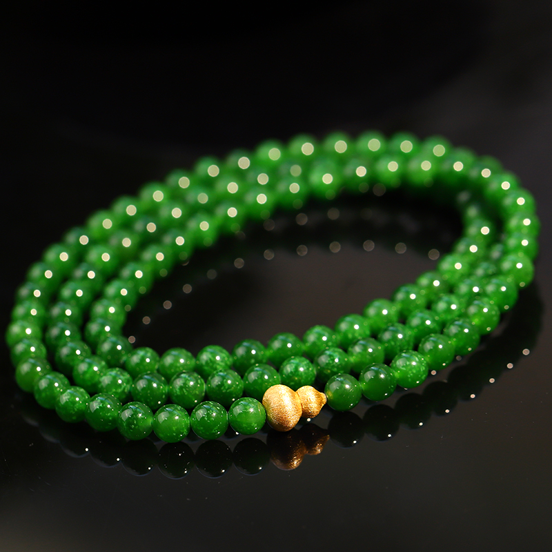 <麟瑞珠宝>天然和田碧玉毕业圆珠银镶葫芦项链（多样性发其一）