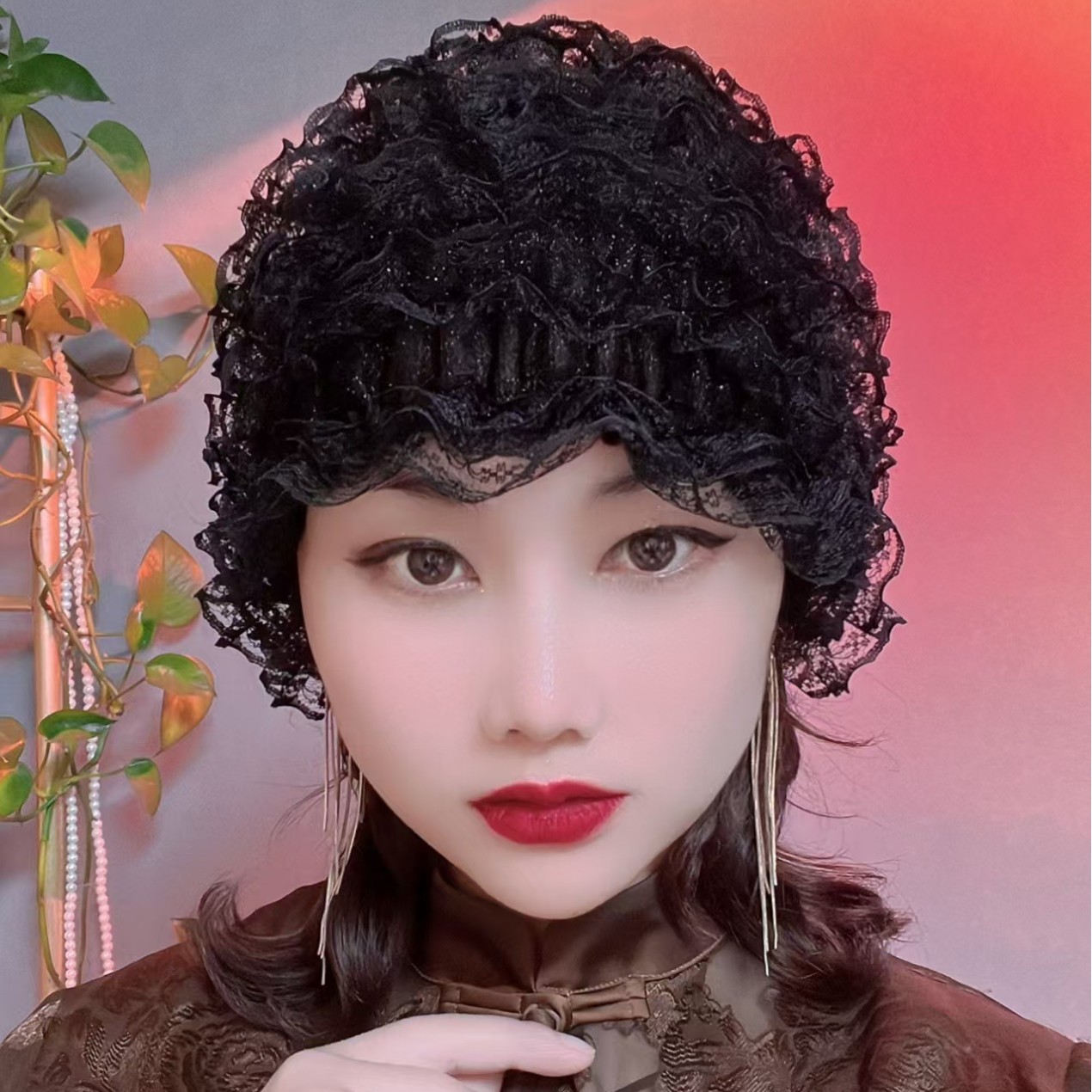 编织中老年帽子《四季款蕾丝帽》遮盖白发皱纹透气网纱发包头帽