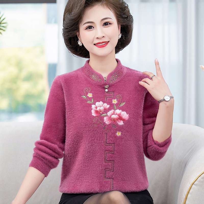 秋冬毛衣女装针织加绒保暖妈妈婚宴装奶奶装红色过年喜庆打底衫女