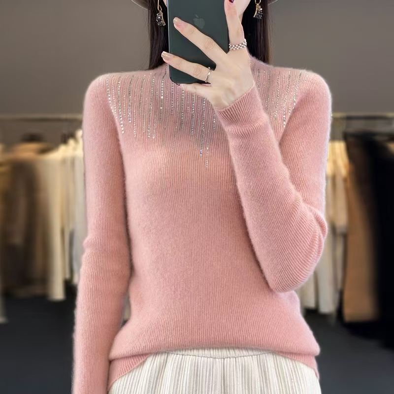 冬季半高领加厚秋冬2024新款套头针织时尚打底修身上衣显瘦衫长袖