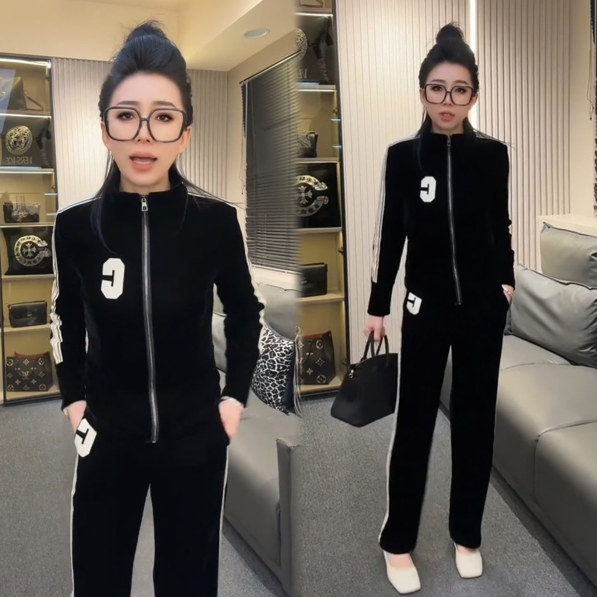 韩版休闲丝绒运动套装女春秋2025新款时尚外套直筒阔腿裤两件套潮