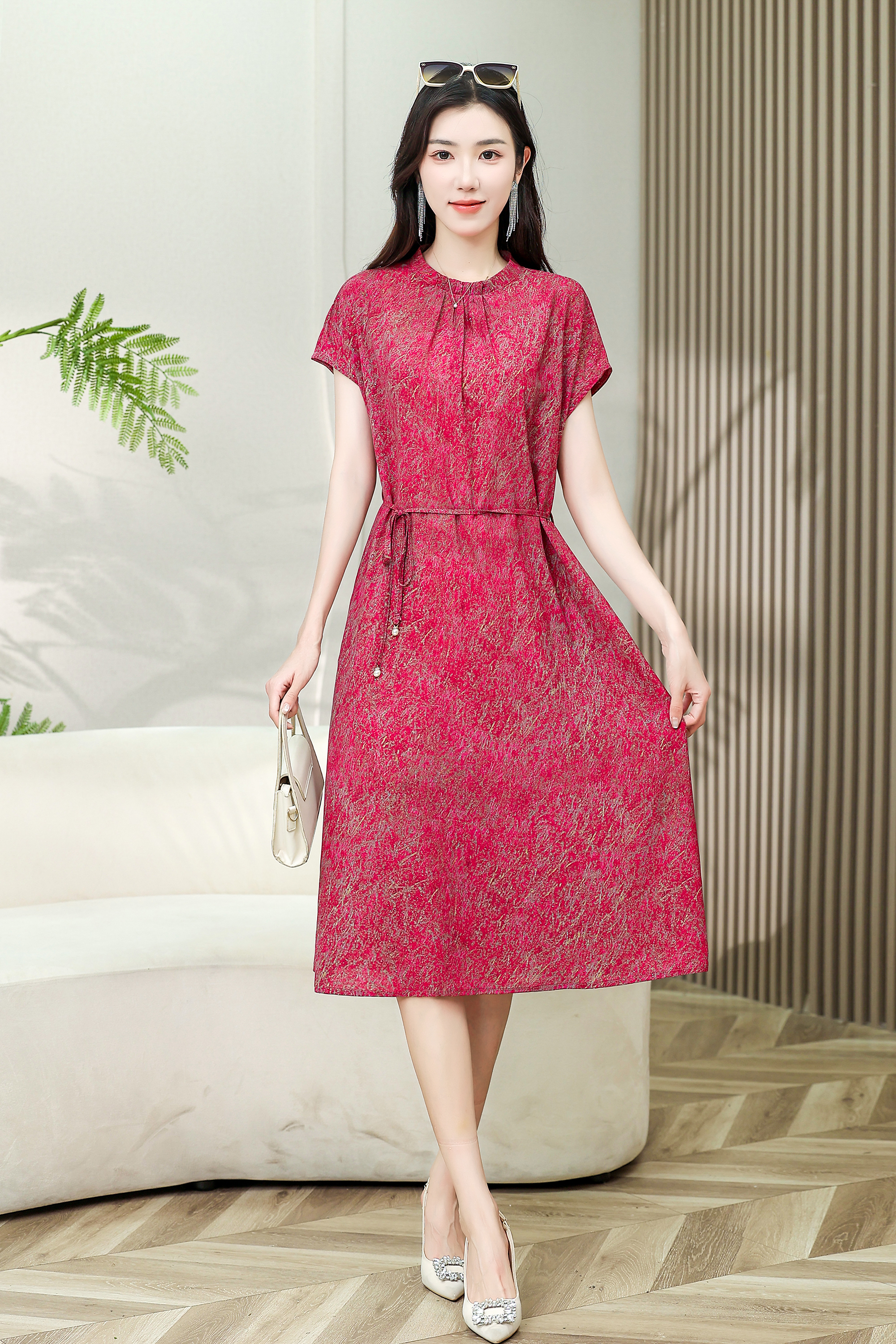 丹裳凝华——92桑蚕丝中长款夏季夏装新中式祥云连衣裙套头款6121