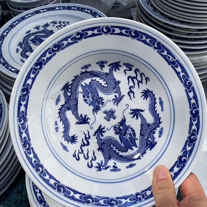 摆件8寸青花双龙深盘