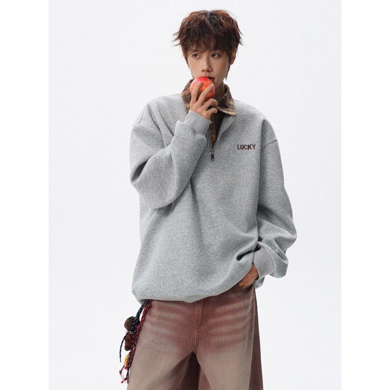 美式撞色假两件卫衣半拉链大码格子领POLO衫外套LW617特