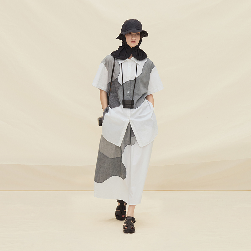 半圆原创夏季扭曲拼接衬衫女上衣两件装套装短袖宽松D24202315