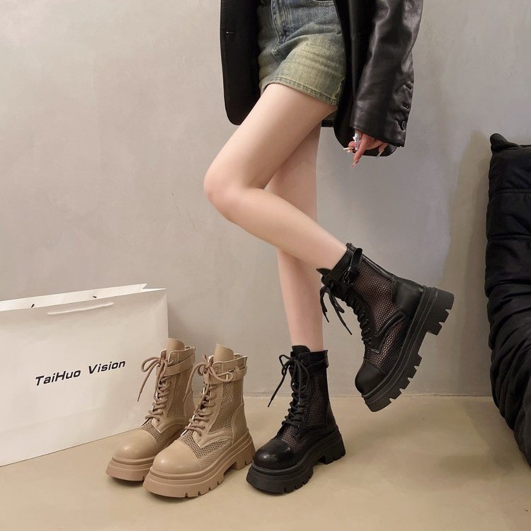 2025新款夏季马丁靴厚底网纱靴时尚女鞋透气靴子黑色镂空薄款