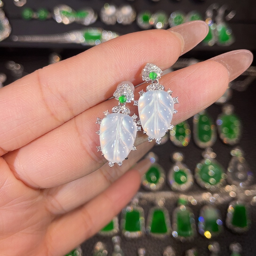 翡翠18K金镶嵌吊坠(不含链)冰叶子耳坠