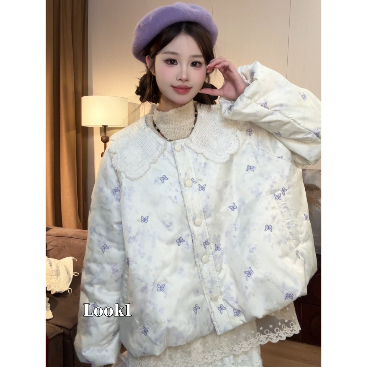 小众设计娃娃领紫色刺绣棉服30190