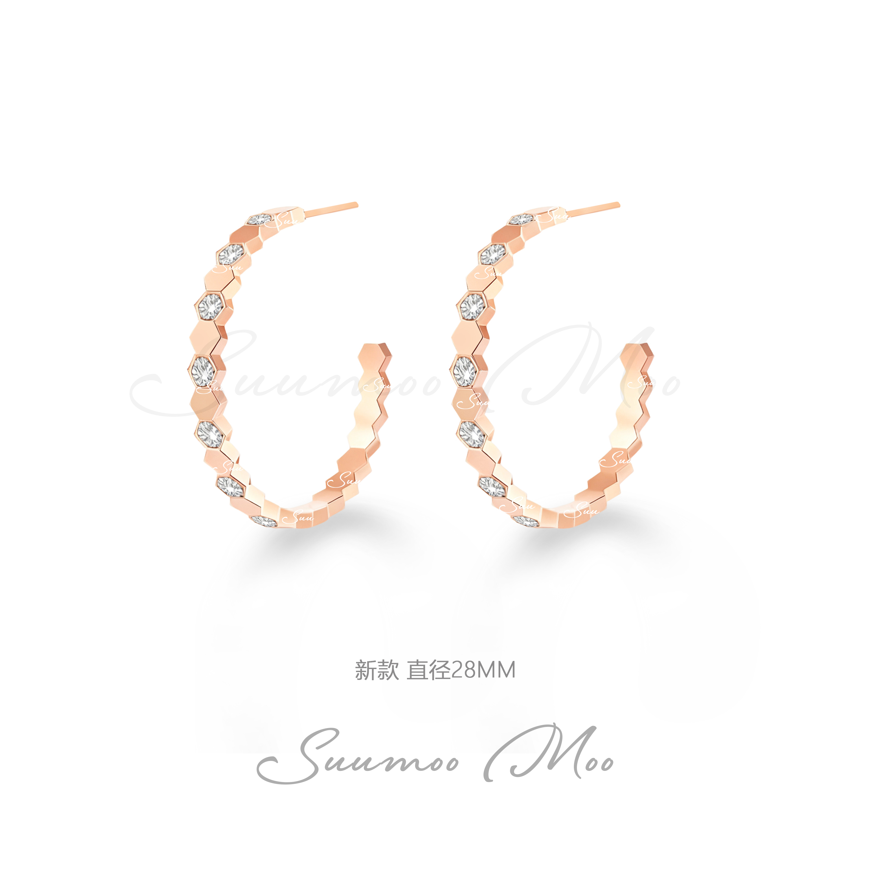 铜合金合成锆石耳饰 【28MM新款】CNC精雕珠宝工艺蜂巢C圈间钻耳环