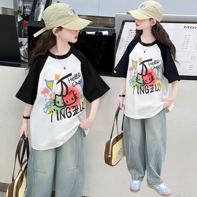 [1-64】夏季女童纯棉短袖t恤女孩韩版百搭中大童印花T恤上衣潮牌