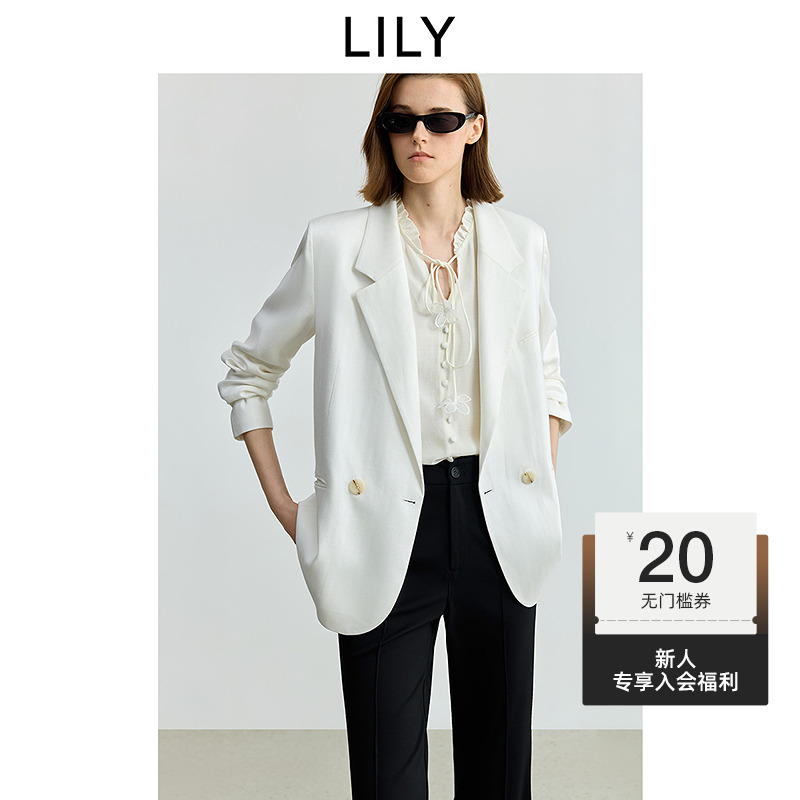 LILY2025秋新款莱赛尔亚麻老钱风休闲通勤西装外套女125339C2934