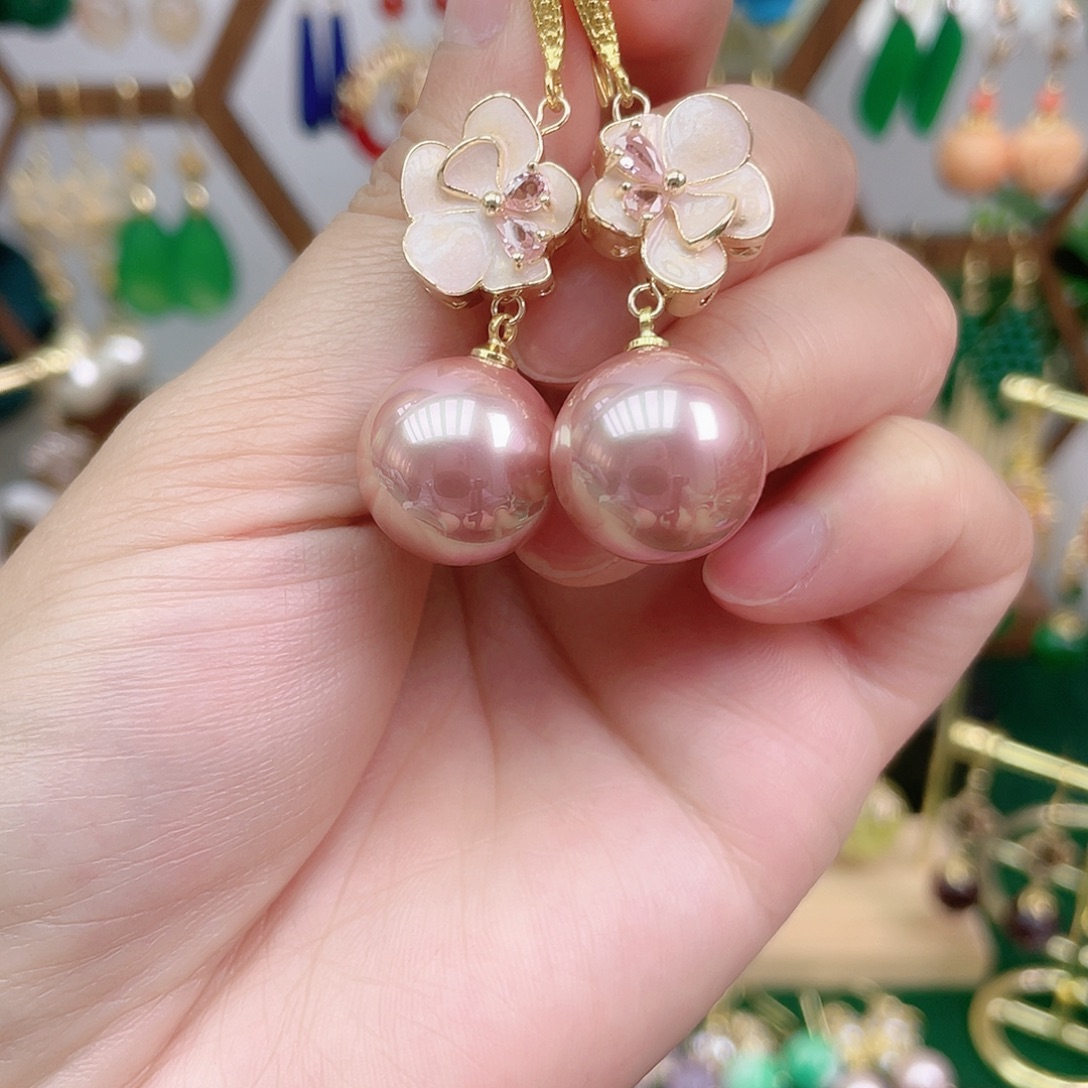 石英岩玉合金耳饰粉贝珠新款