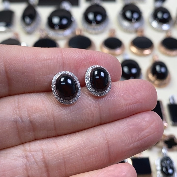 翡翠耳饰18K金镶嵌春****》缅甸天然翡翠墨翠