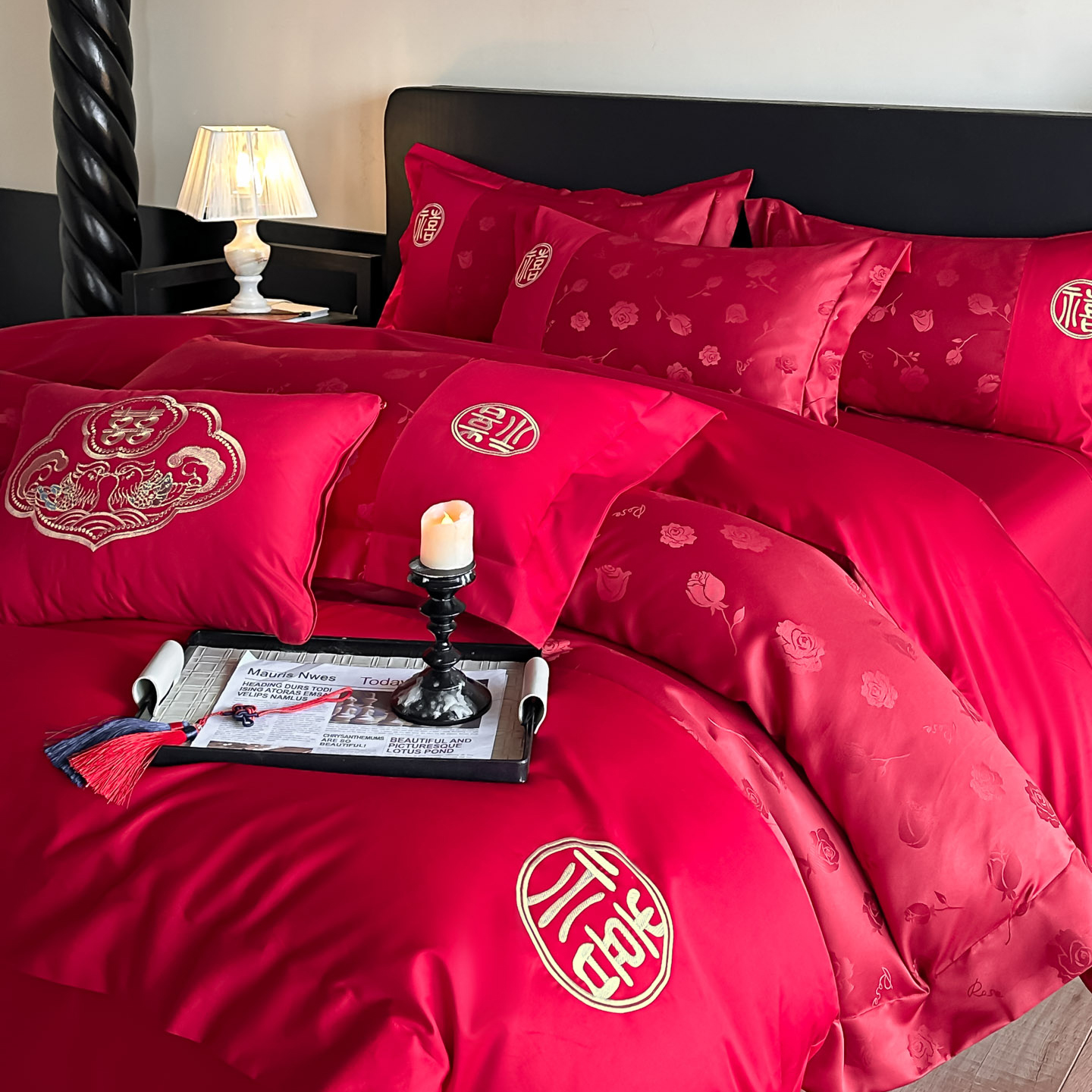 高档水洗棉提花婚庆四件套红色结婚被套床单床笠新婚喜被床上用品