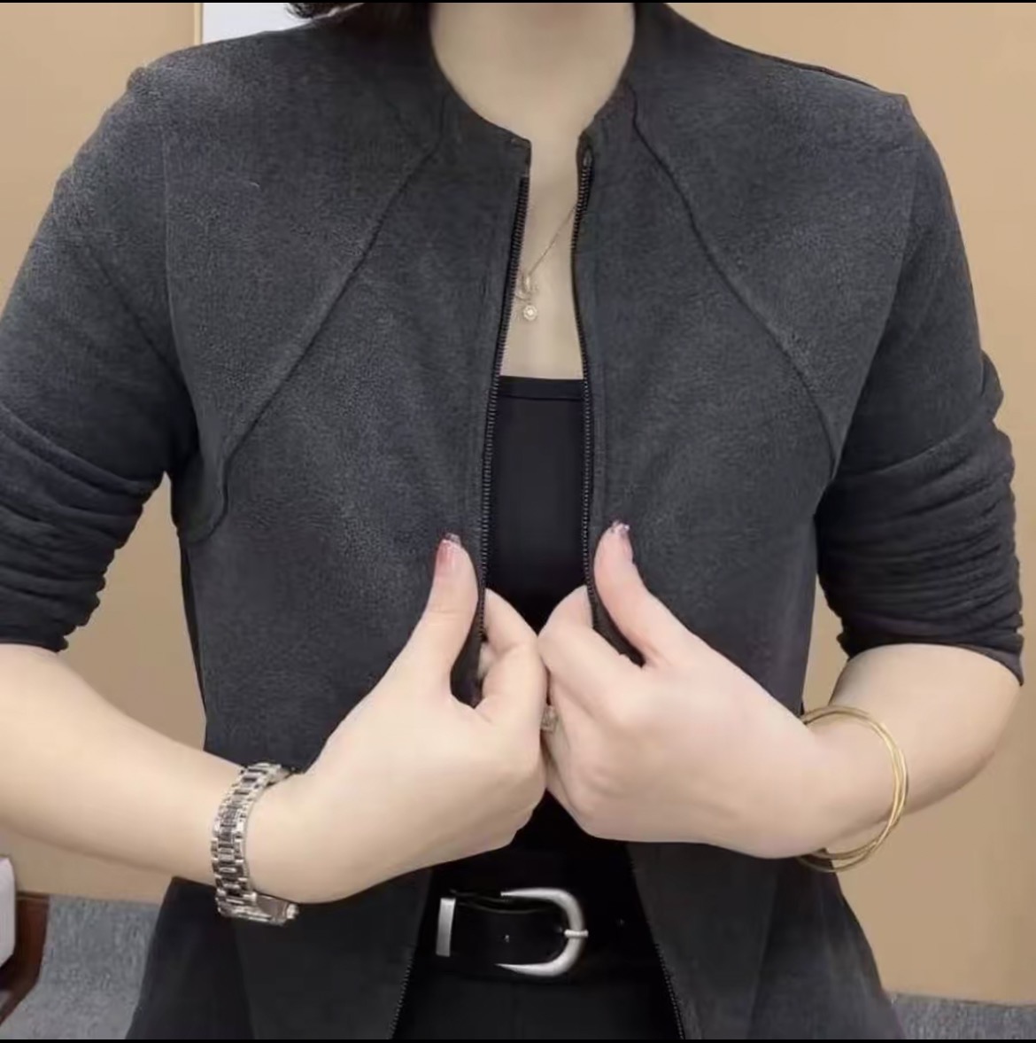 （现货）秋冬高弹双面德容时尚拉链开衫好看洋气百搭月外套短款