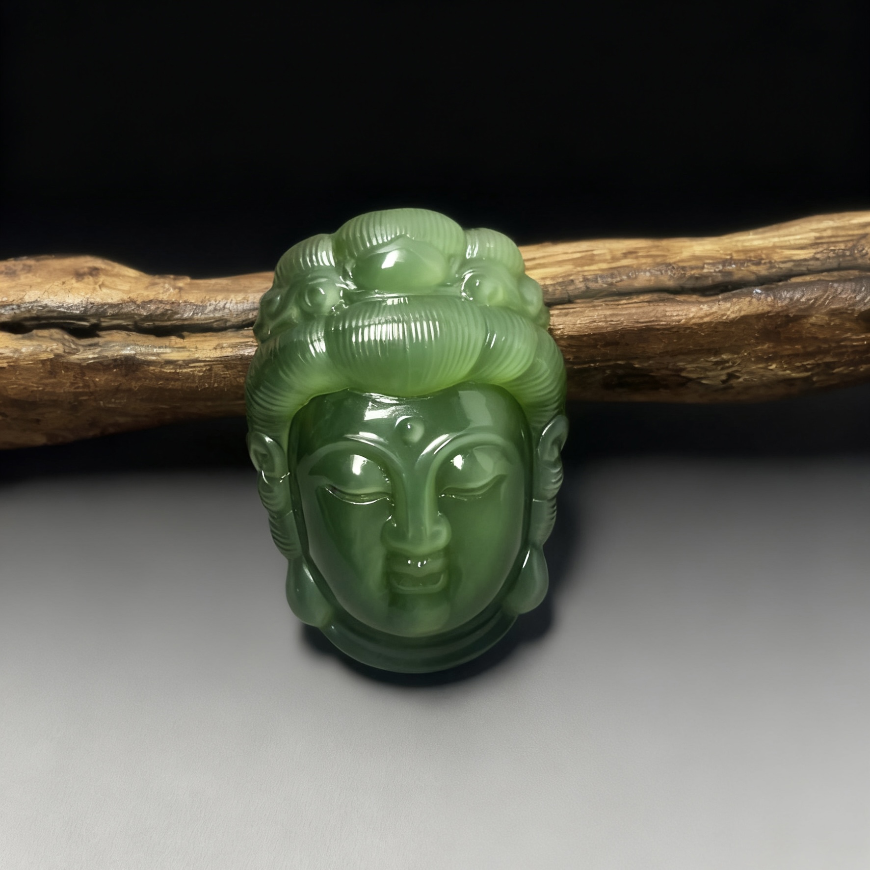 【碧玉尖商董三】和田玉碧玉精雕观音头吊坠（60665）