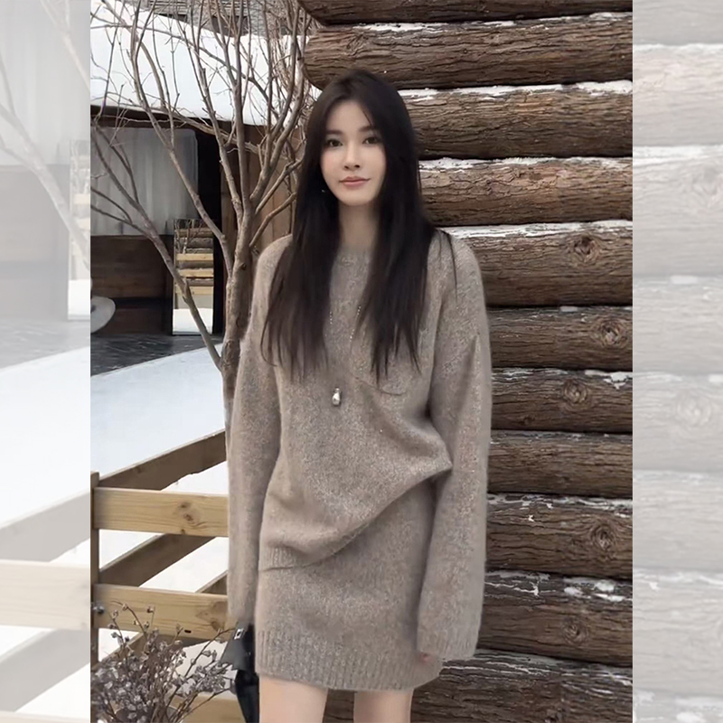 秋冬季炸街搭配女装一整套韩系穿搭棕色针织衫毛衣半身裙两件套装
