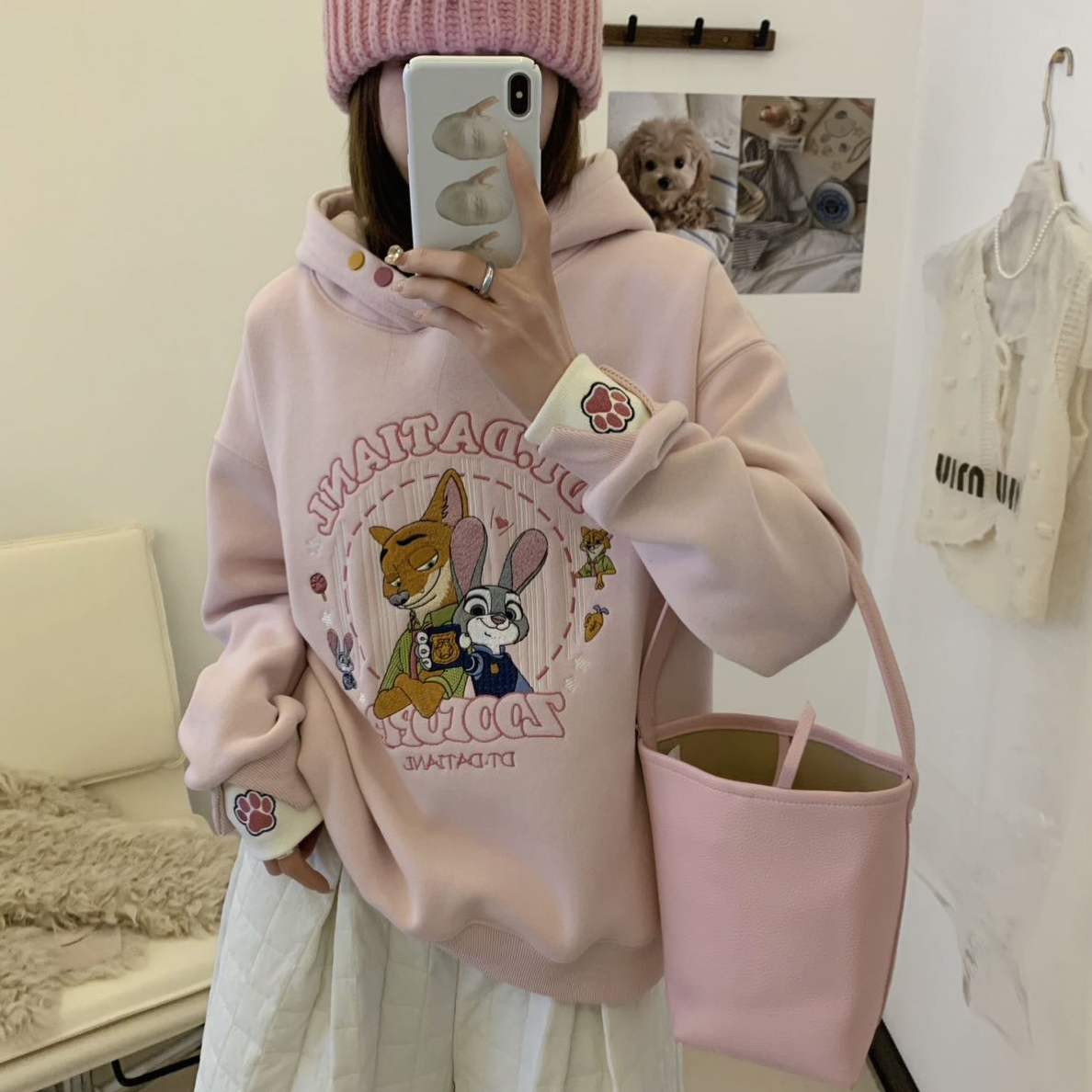 25冬季新款加绒加厚疯狂动物城重工刺绣双袖连帽套头卫衣韩版宽松
