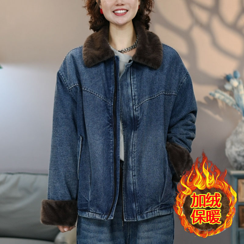 2621加绒毛领牛仔棉服女2025冬季新款加绒加厚百搭防风保暖棉衣