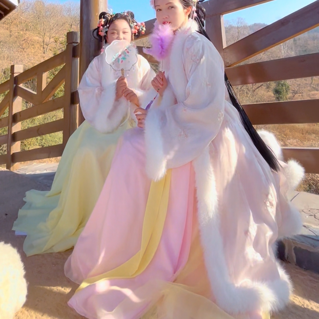 淡粉色绣花冬季日常加绒小袖古风影视服