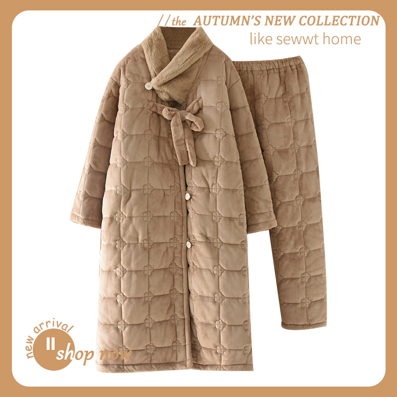 秋冬三层加棉加绒加厚保暖睡衣套装家居服 长款家居服 外穿家居服