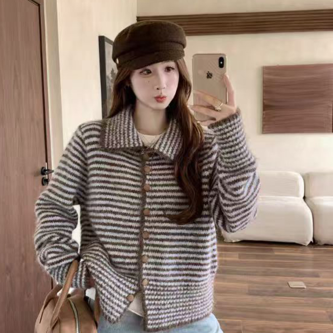 601-700翻领针织长袖不褪色条纹毛针织衫小个子女装毛衣