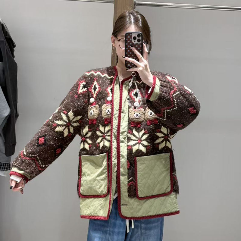【现货】FORDARE/福蝶25冬季菱形格立体小熊毛织棉服棉衣加厚外套