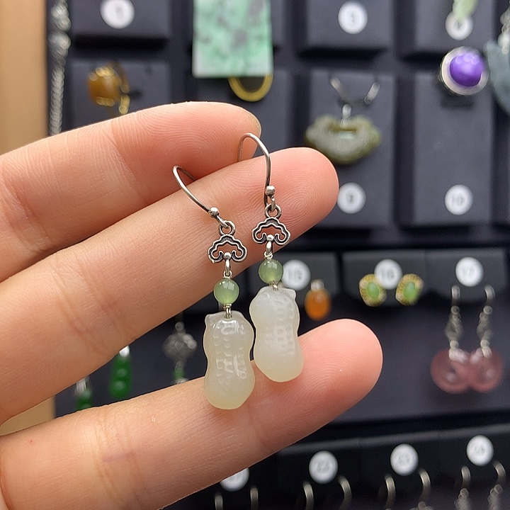 和田玉耳饰银S925镶嵌