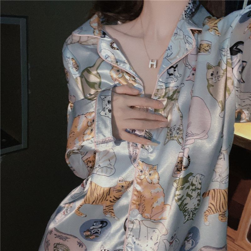 冰丝蓝猫咪网红高级感法式风睡衣女长袖长裤家居服套装休闲春夏