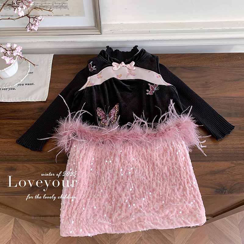 【本妈】25秋冬"镜花蝶梦"女童针织毛衣+夹棉马甲+加绒半裙9959