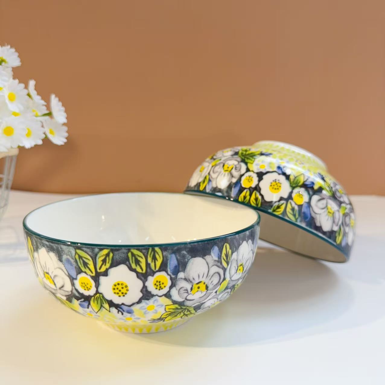 1429外贸尾货玲珑花6英寸面碗两只装长15高7