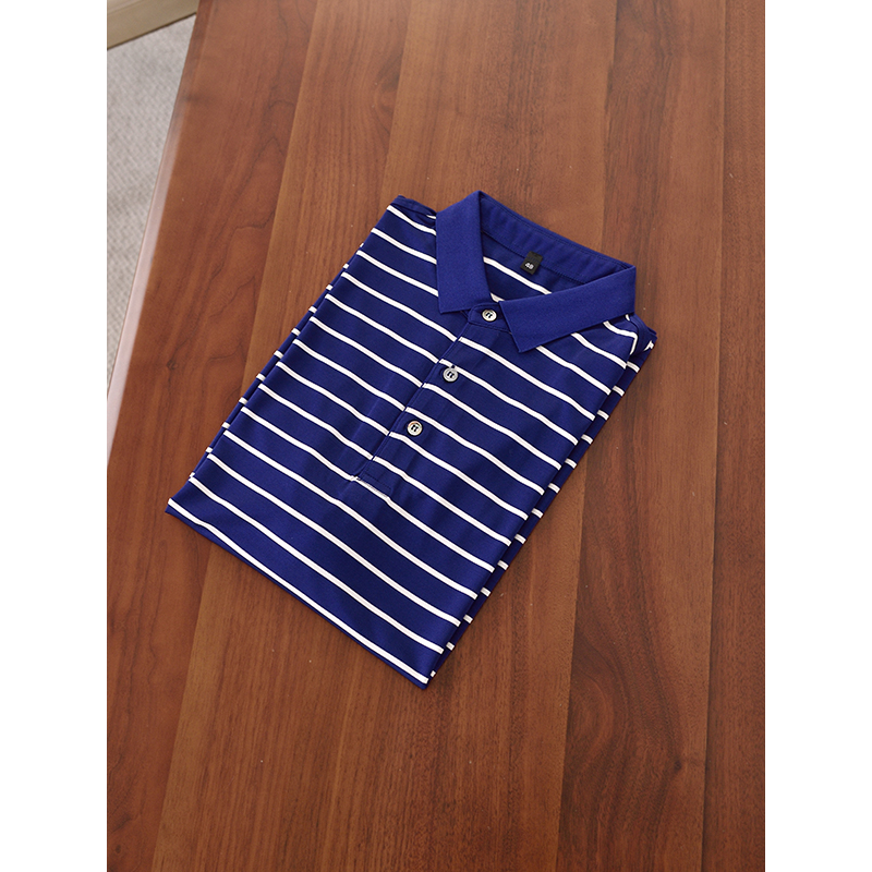 夏季新品 男款桑蚕丝色织藏青白条纹POLO衫