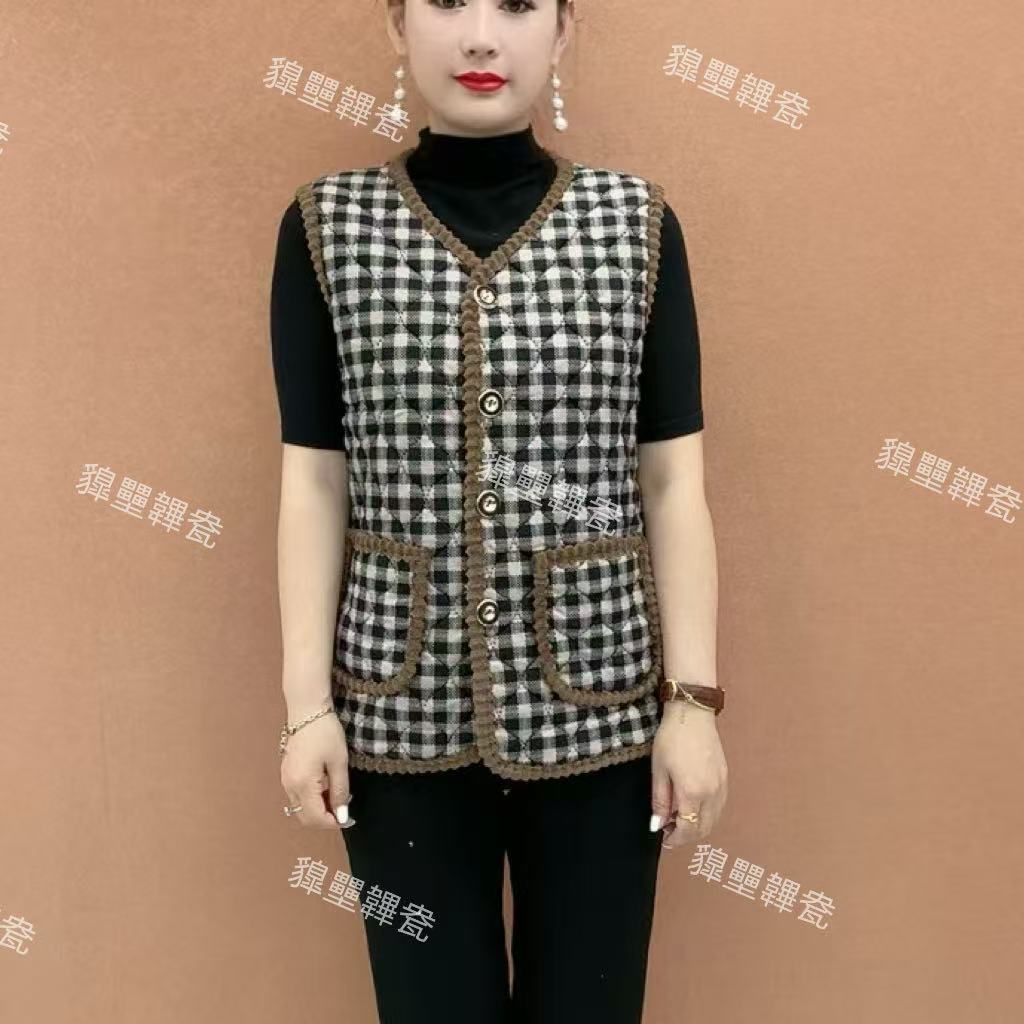 2025秋冬新款千鸟格外搭时尚保暖马夹外穿V领洋气复古棉背心无袖6