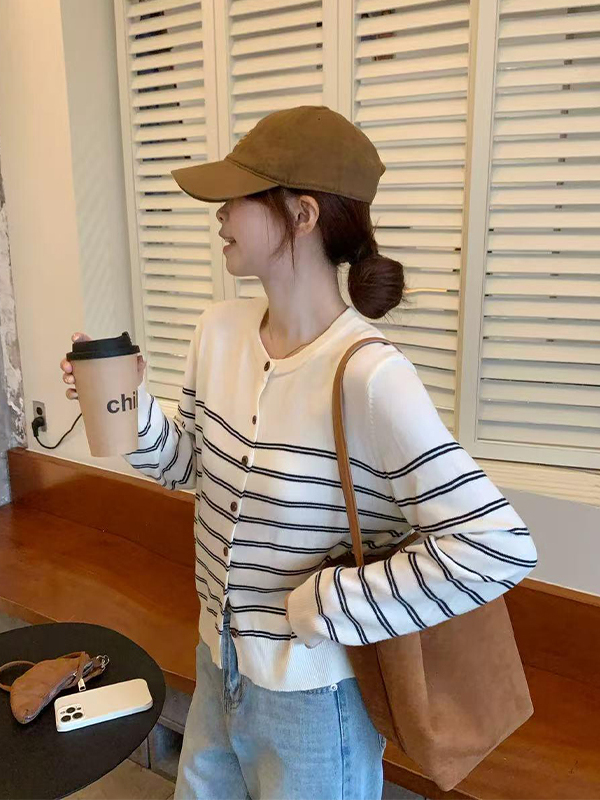 撞色条纹圆领毛衣开衫外套女2025初早秋季新款慵懒风短款针织上衣