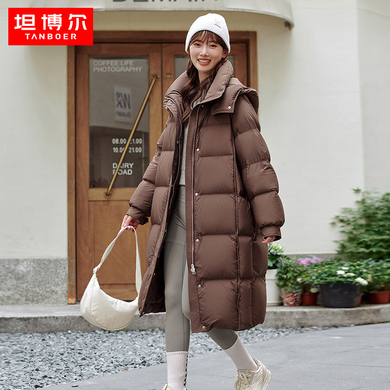 坦博尔冬季新款女士羽绒服长款美拉德连帽防寒外套雪乡出游7850