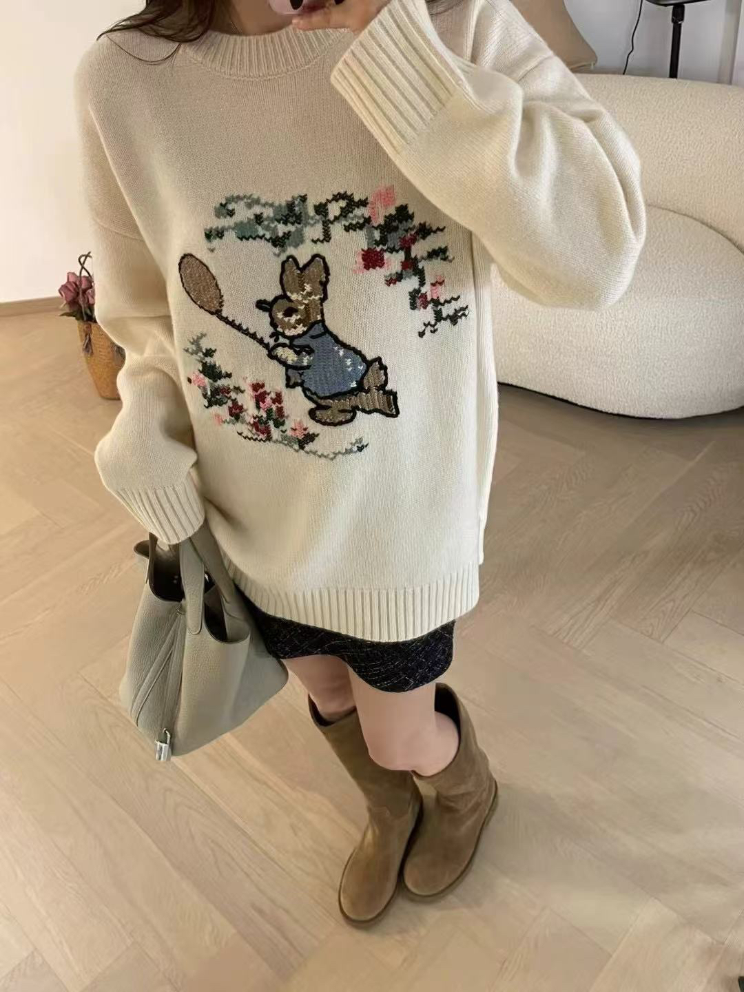 慵懒风针织衫套头绣花小兔子图案时尚洋气欧洲站新款8166
