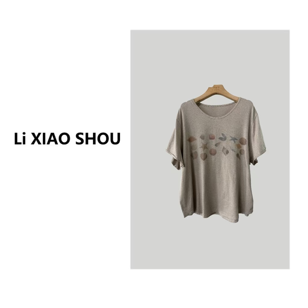 【李小瘦大码女装】新款短袖女士卡通圆领百搭纯色高级T恤1327D